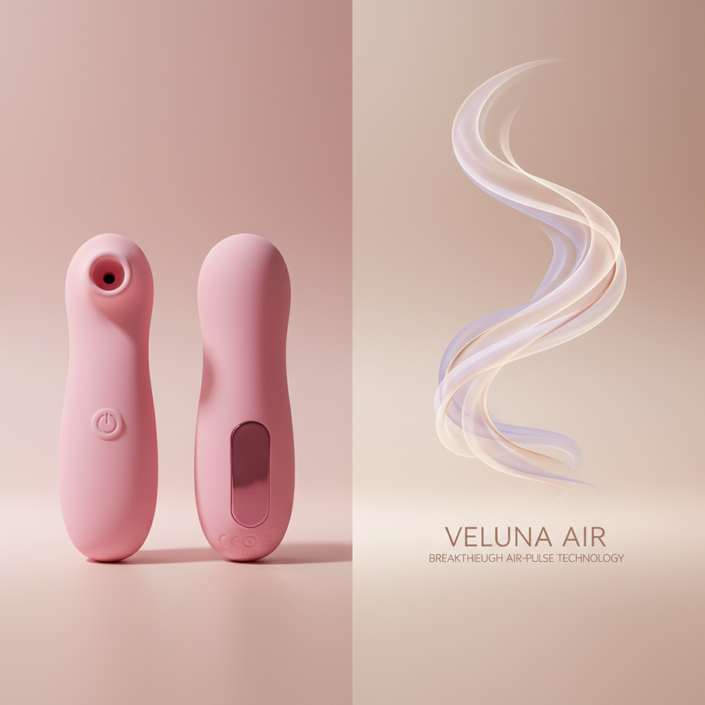 Veluna Air intimate massager, made of medical-grade silicone, in a clean studio shot against a soft pink and nude gradient ba